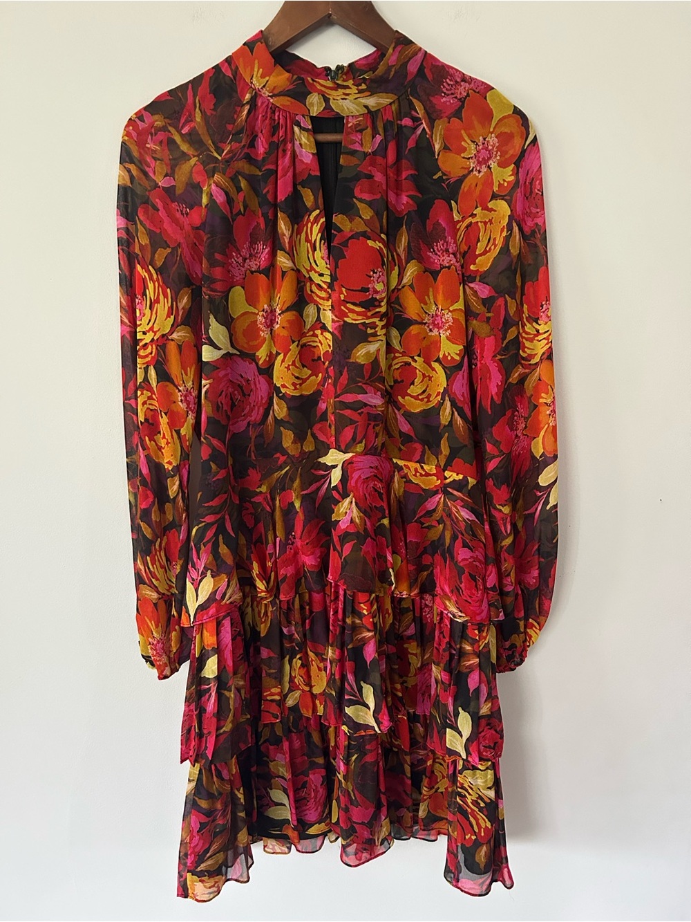 MILLY Floral Print Tiered Chiffon Mini Dress Keyhole Neck Size 8 Bright